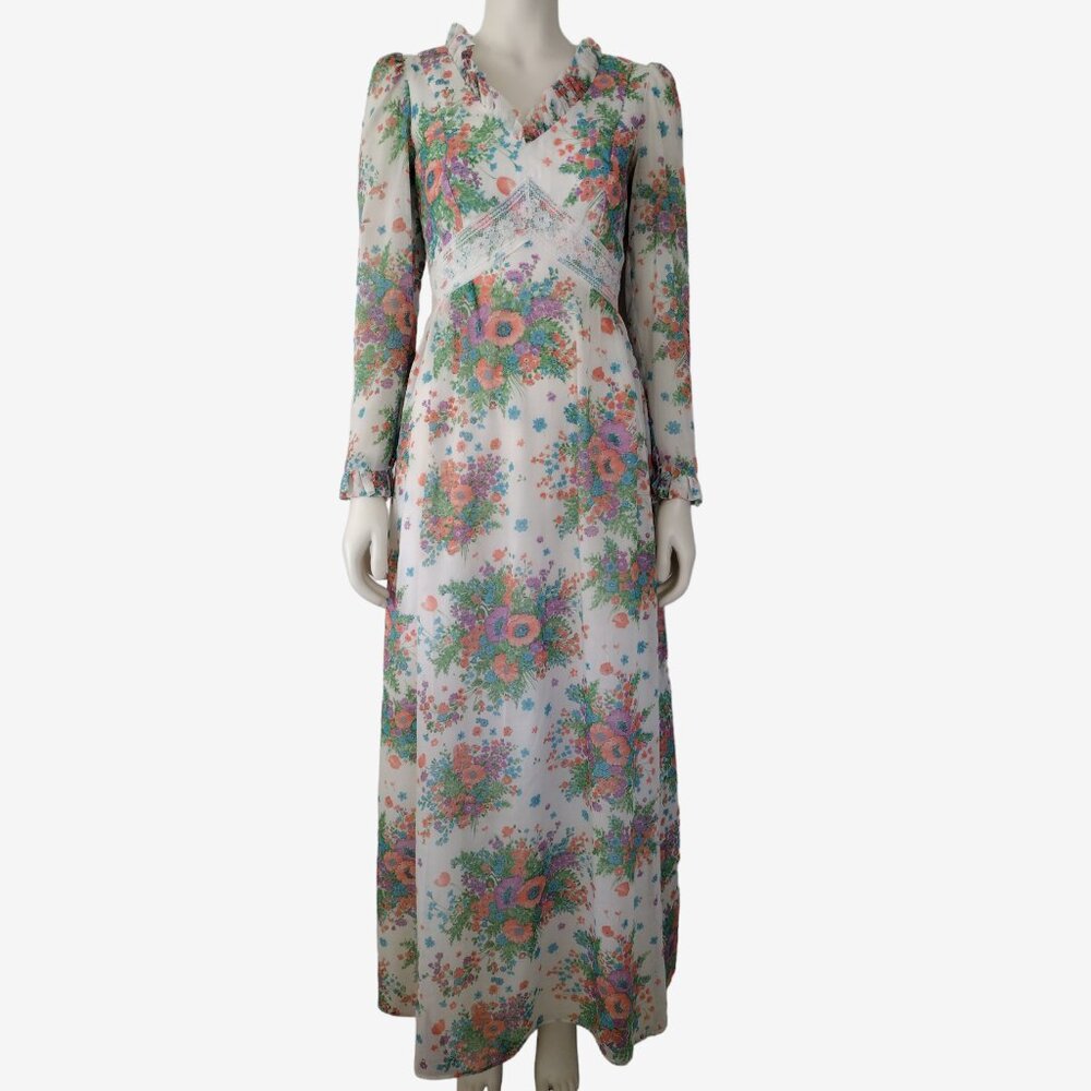 Vintage 1970s Floral Print Empire Waist Long Sleeved Maxi A Line Dress